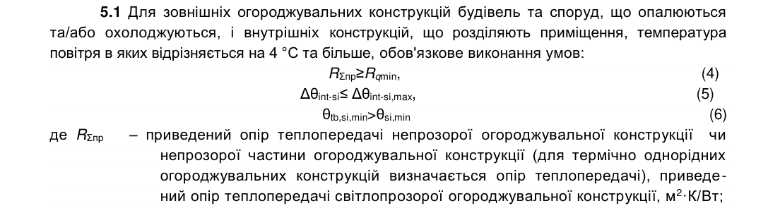Пункт 5.1 ДБН В.2.6-31:2021: для зовнішніх конструкцій і внутрішніх конструкцій між приміщеннями з різницею температур 4 °C і більше обов’язкові умови RΣпр ≥ Rq min (4), Δθint-si ≤ Δθint-si,max (5), θtb,si,min > θsi,min (6).