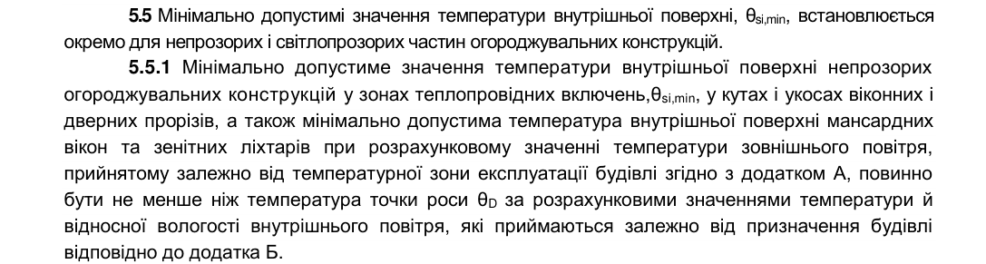 Пункти 5.5 і 5.5.1 ДБН В.2.6-31:2021: мінімально допустима температура внутрішньої поверхні непрозорих конструкцій у зонах теплопровідних включень, у кутах і укосах віконних і дверних прорізів, а також мансардних вікон і зенітних ліхтарів за розрахункової температури зовнішнього повітря для температурної зони має бути не менша за температуру точки роси θD за розрахунковими температурою і відносною вологістю внутрішнього повітря за додатком Б.
