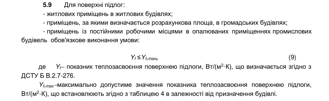 Пункт 5.9 ДБН В.2.6-31:2021: для поверхні підлог житлових приміщень, приміщень, за якими визначається розрахункова площа громадських будівель, і приміщень з постійними робочими місцями в опалюваних промислових будівлях обов’язкова умова Yf ≤ Yf,max (9); Yf визначають згідно з ДСТУ Б В.2.7-276, Yf,max — за таблицею 4.