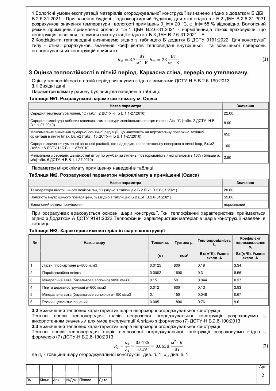 Аркуш 2 звіту: кліматичні параметри Одеси в липні, параметри мікроклімату приміщення та теплофізичні характеристики шарів каркасної стіни.